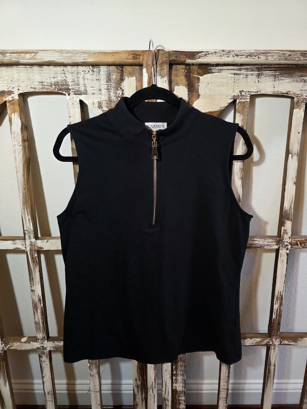 Carmen Marc Valvo Black Sleeveless Zip-Neck Tank